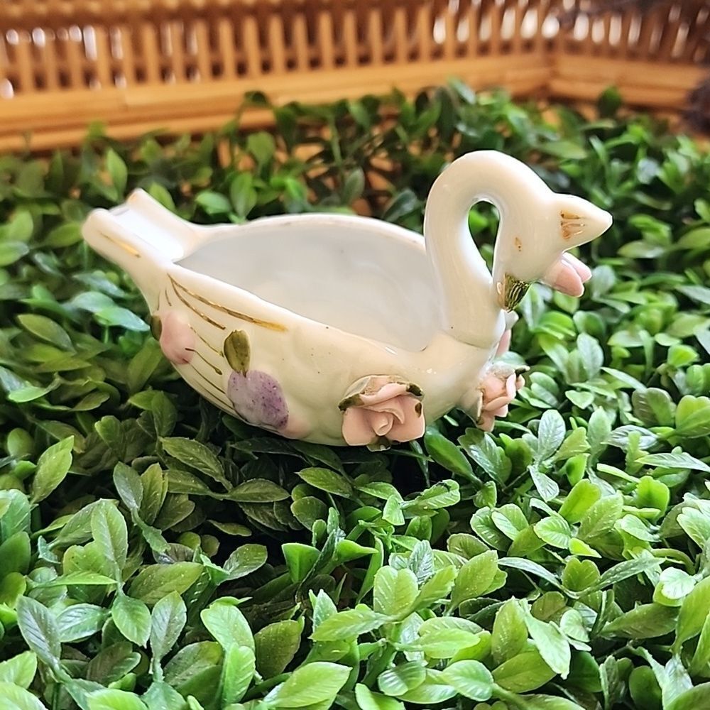 Vintage Porcelain Floral Swan Ash Tray Sphinx Japan Coquette Bridal